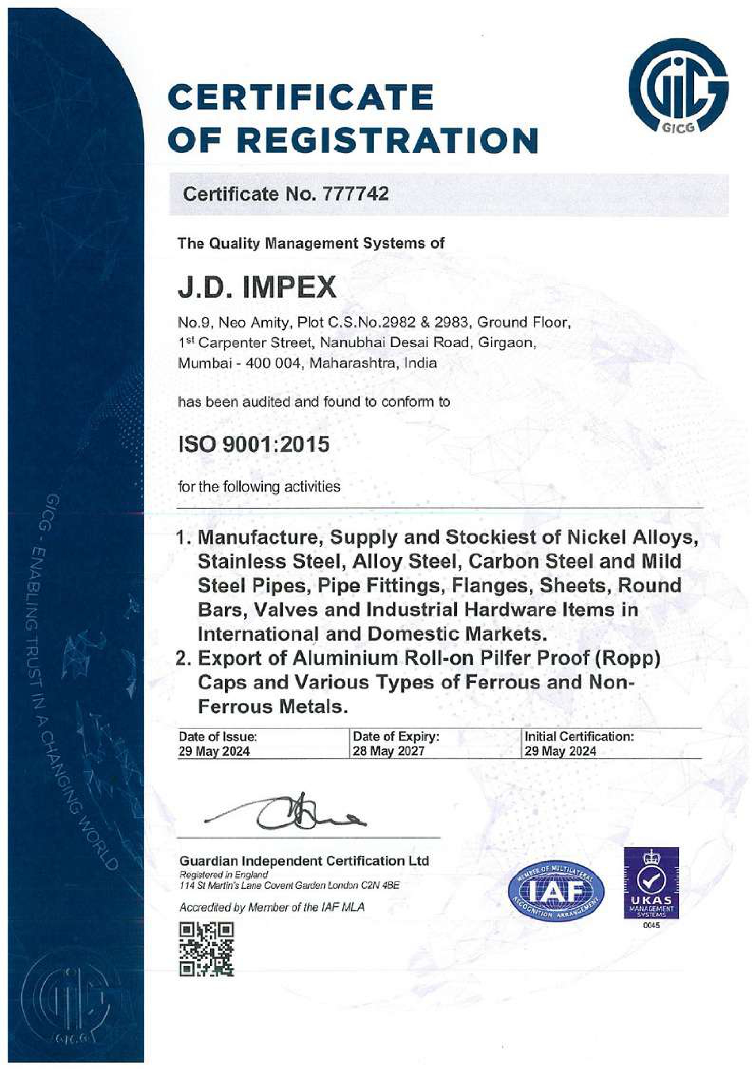 JD Impex ISO 9001:2015 Quality Management Certificate