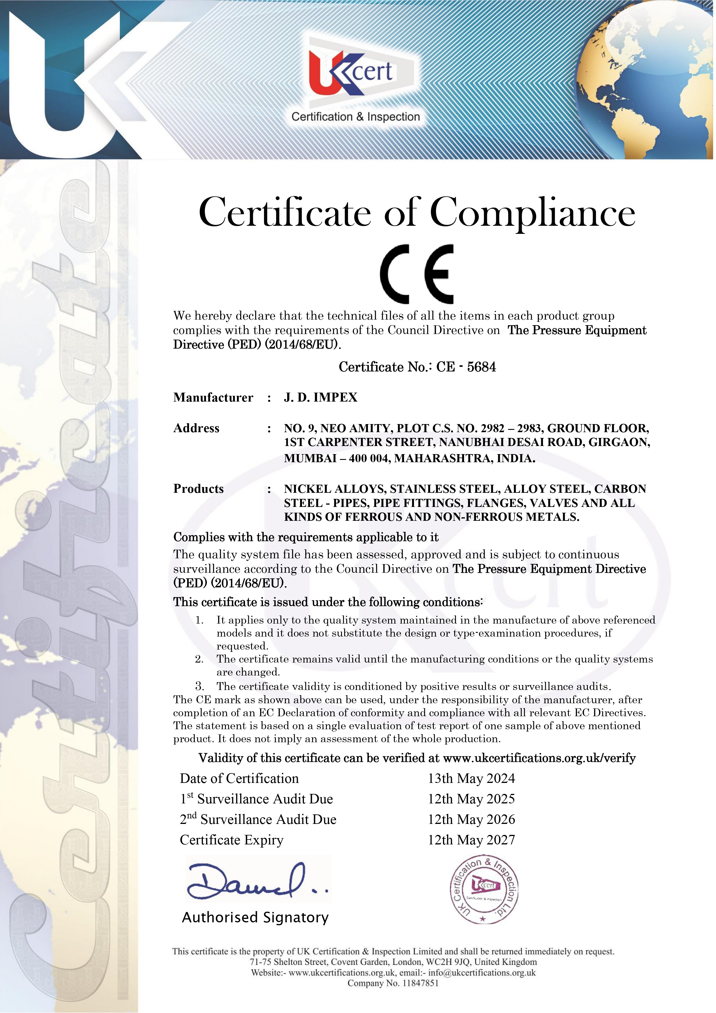 JD Impex CE-PED Certified Manufacturer for Pressure Equipment